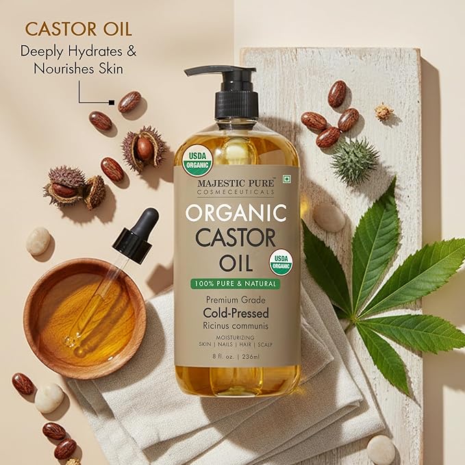 Majestic Pure Oil - 100% Pure and Natural- Cold Pressed & Hexane Free Natural Hair Growth Oil for Eyelashes, Eyebrows, Skin, Body, Face, Nails & Scalp - USDA Organic Castor Oil 8 Fl Oz