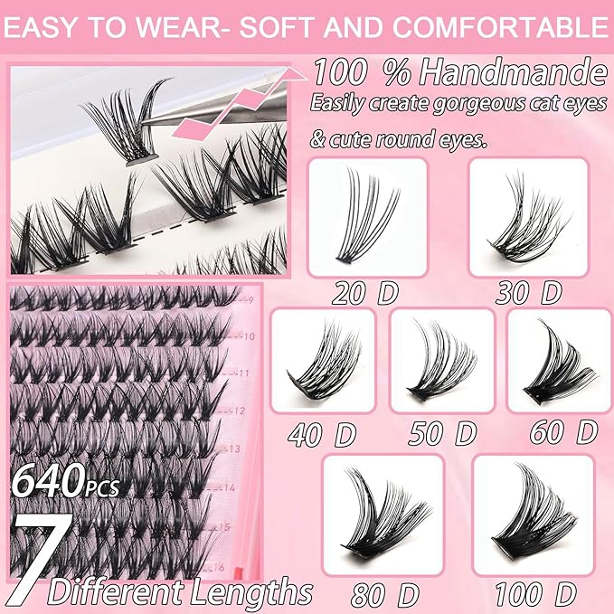 Lash Clusters Kit, 640 Pcs Eyelashes Clusters Extensions Kit 9-16mm Individual Lashes D Curl Fluffy Wispy False Eyelashes, with Bond Seal Remover Tweezers Brush DIY (40D+50D+60D+80D Kit 9-16 mm)