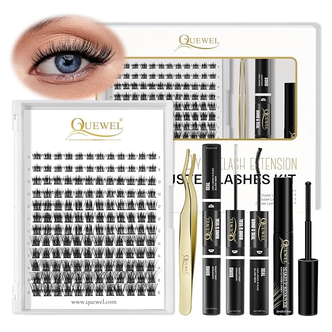 QUEWEL DIY Eyelash Extensions Kit, 144 Pcs Lash Clusters Eyelash Applicator Tool, Super Hold Bond and Seal, Clusters Lash Glue Remover Easy to Apply at Home(FD-QU-H-DH-03)