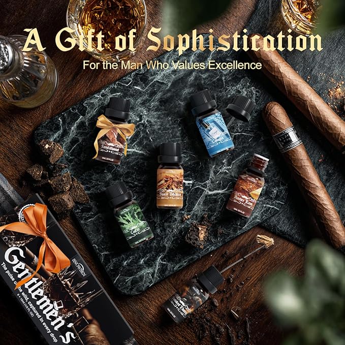 Men Diffuser Oils Gift Set for Father's Day, SNOWSEN Gentlemen's Essential Oil Set for Diffuser for Home, Candles Scents & Perfume, Sandalwood, Cologne, Smoked Ebony, Amber Rum, Cedar, Sweet Tobacco