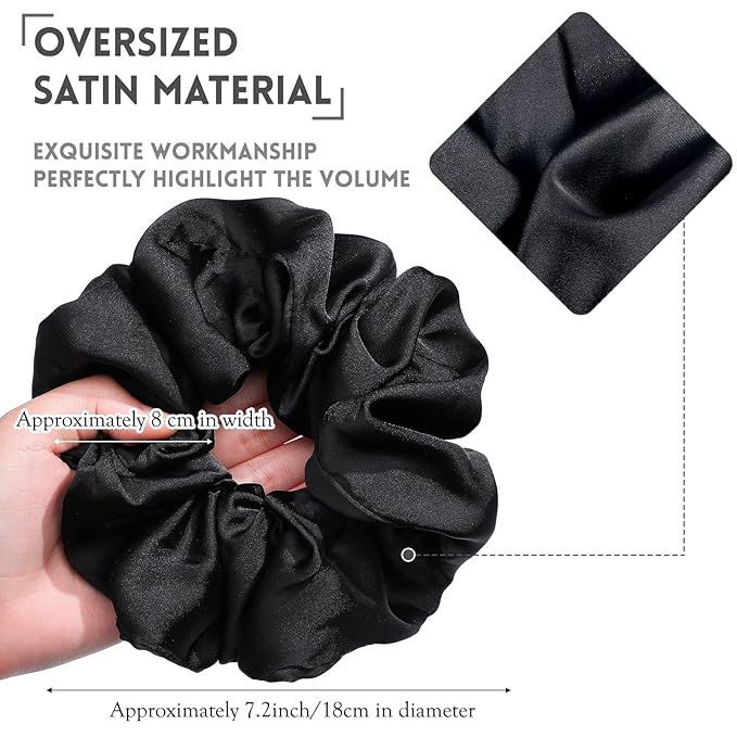 Waydress Big Satin Silk Scrunchies Hair Ties - 6 Pieces 7.2 Inch Satin Elastic Silk Hair Bands Jumbo Gaint Oversize Black Thick Scrunchy Large Ponytail Holder Accessories Gift for Women and Girls