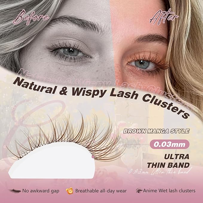 JMS&JMS Brown Lash Clusters Natural Wispy Lash Clusters Brown Eyelash Clusters Clear Band C Curl DIY Cluster Lashes 8-16mm