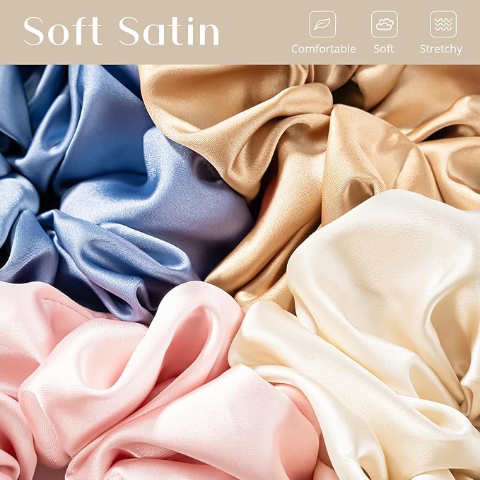 Lolalet Big Satin Scrunchies for Women, 5.9 Inch Large Oversized Scrunchie, Soft Jumbo/Giant Scrunchies Hair Ties for Thick & Curly Hair -4 Pack, Blue/Caramel/Pink/Champagne