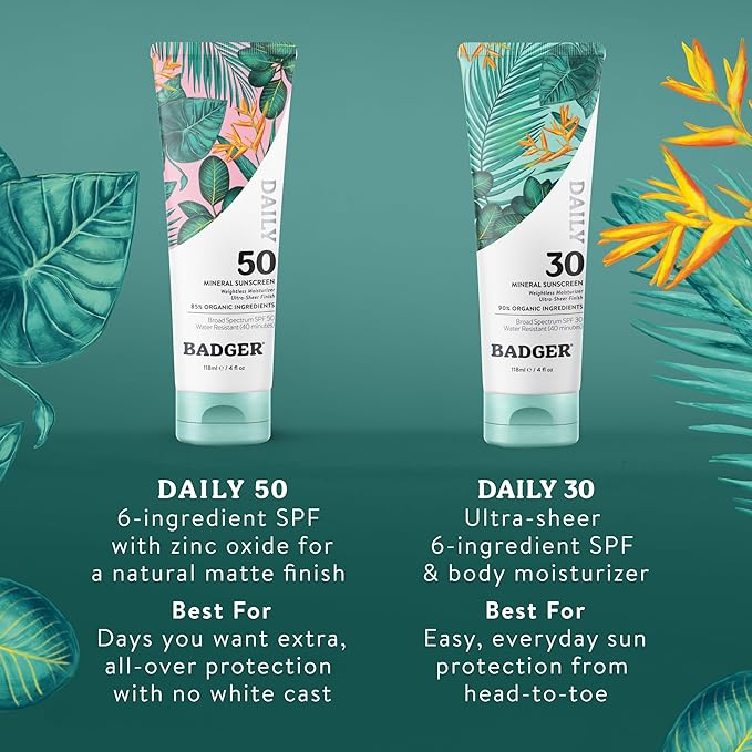 Badger SPF 50 Daily Mineral Sunscreen with Zinc Oxide, 85% Organic, Lightweight & Easy to Apply, No White Cast, Moisturizing, Reef Safe, Vegan, Unscented, 4 fl oz, 2 Pack