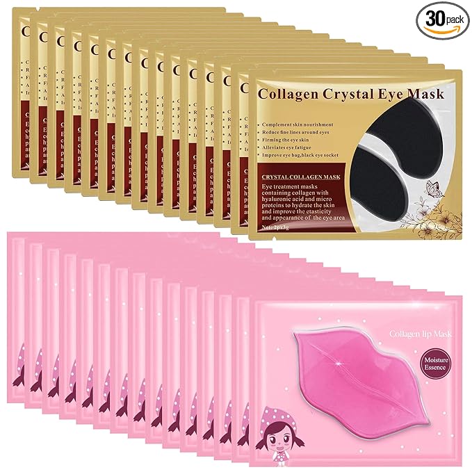 Lip Mask & Eye Mask - 30PCS Under Eye Patches Skincare for Puffy Eyes Bags Reducing Dark Circles,Collagen Hydrating Moisturizing Smoothing Gel Pads for Fade Fine Lines Anti-Aging Wrinkles Black