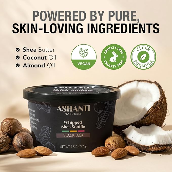 Ashanti Naturals Scented Whipped Shea Butter | African Body Butter for Men w/Coconut and Almond Oil (Blackjack Souffle, 8 oz)