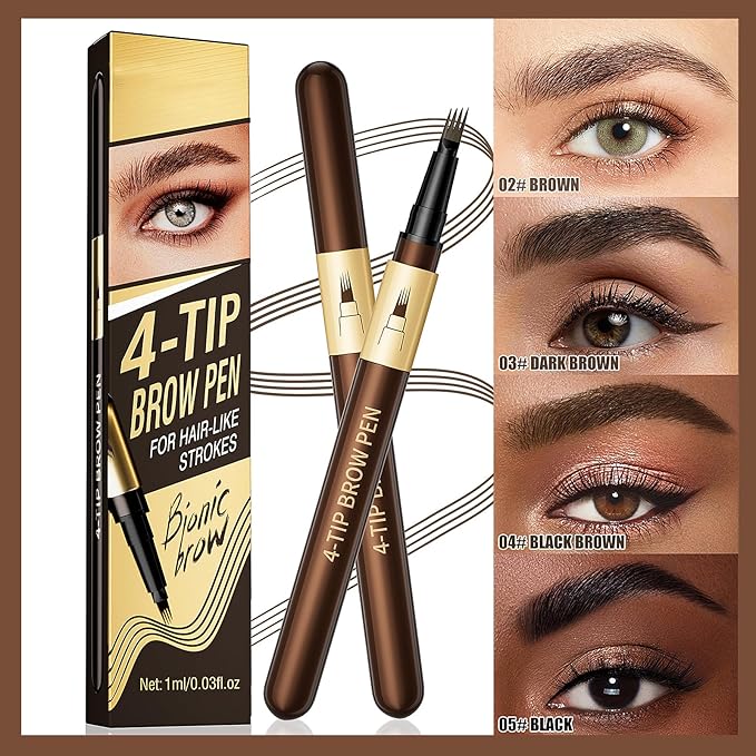 Eyebrow Pencil for Women,4-Tip Microblading Eyebrow Pen with 1 Brow Brushes, Waterproof&Sweatproof for Women to Effortlessly Create Natural Hair-Like Strokes, All-Day Wear,Gifts for girls,Brown