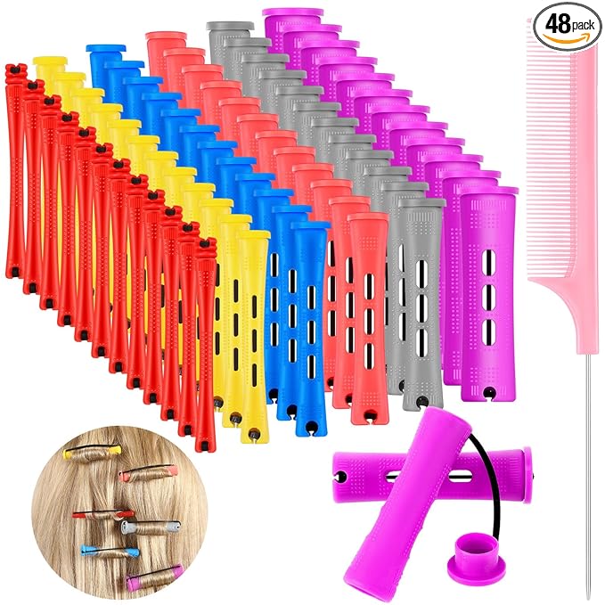 48 Pieces Hair Perm Rods Short Cold Wave Rods Plastic Perming Irons Hair Curling Rollers Curlers with Steel Pintail Comb Rat Tail Comb for Hairdressing Styling Supplies(6 Sizes,6 Colors)