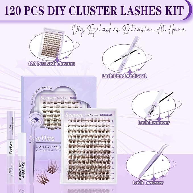 Brown Lash Clusters Kit 10-18mm D Curl Dark Brown Lash Clusters 120pcs DIY Wispy Cluster Eyelash Extensions Individual Natural Lashes False Eyelash Kit with Bond & Seal Remover Tweezers(S3 Lash Kit)