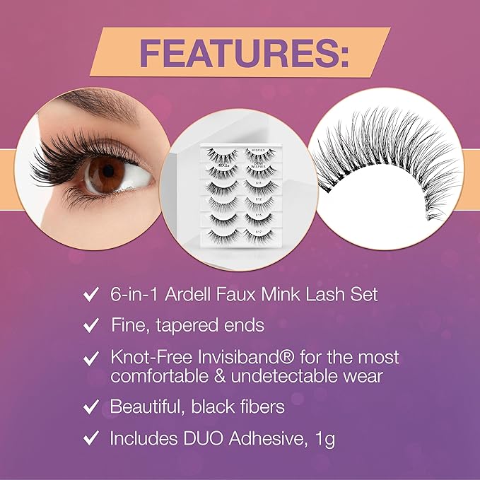 Ardell Faux Mink Wispy False Eyelashes Lookbook Lash Set – Natural Look Wispy Lashes Strip (Demi Wispies, 811, 812, 815, 817) with Lash Adhesive, 6 Pairs, 1 Pack