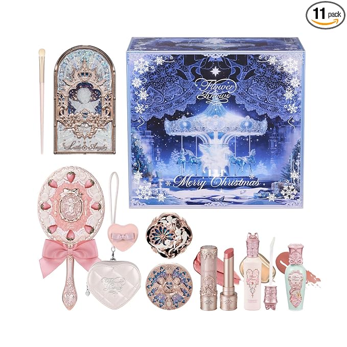 Flower Knows Cherub Bloom 11-Piece Makeup Gift Box Set,Includes Makeup Palette,Lipstick,Blush,Highlighter,Lip Gloss,Hand Mirror,Bag Charm,Brush,Box,Perfect Anniversary Valentine Birthday Make Up Gift
