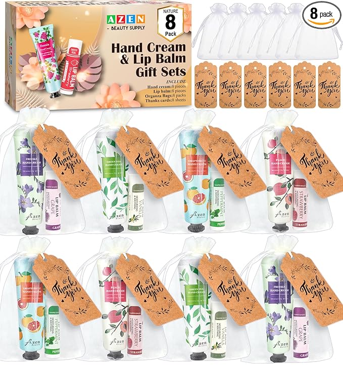 AZEN 8 Sets Bulk Gifts, Hand Cream and Lip Balm Bulk Set with Organza Bag Thank You Card, Baby Shower Wedding Gift for Guests, Bridal Wedding Favors for Guests, Mothers Day Gifts Stocking Stuffers