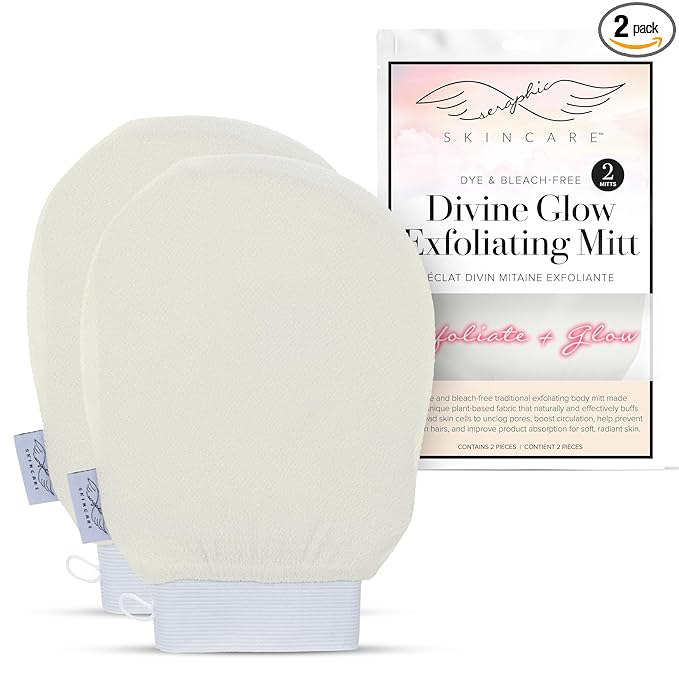 Seraphic Skincare Divine Glow Exfoliating Mitt (2pcs) – 100% Vegan Viscose Traditional Body Scrub Glove Kessa Korean Washcloth – Body Exfoliator for Self-Tan Removal & Keratosis Pilaris