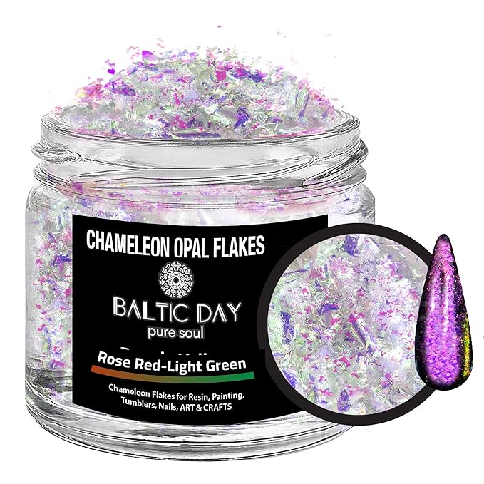 BALTIC DAY Chameleon Opal Flakes [Rose Red/Light Green] – Color Shift Mica Pigment Powder for Epoxy Resin, Tumblers, Nail Art, Eyeshadow, Makeup, Molds, and More – Chrome Color Shift Powder