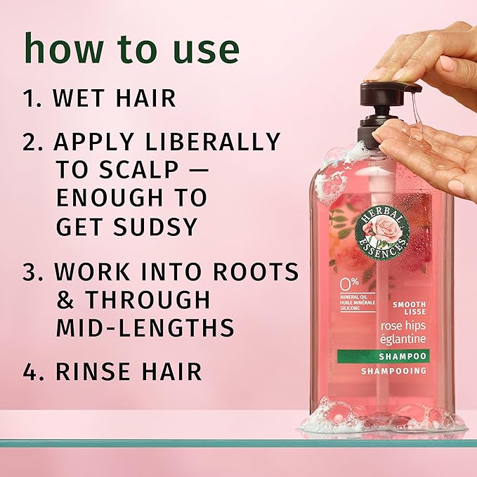 Herbal Essences Shampoo, Rose Hips - Smooth Collection, Shiny Hair with Vitamin E & Jojoba, Safe for Color Treated Hair, Floral Scent, Cruelty-Free, Dermatologist-Tested, 29.2 Fl Oz
