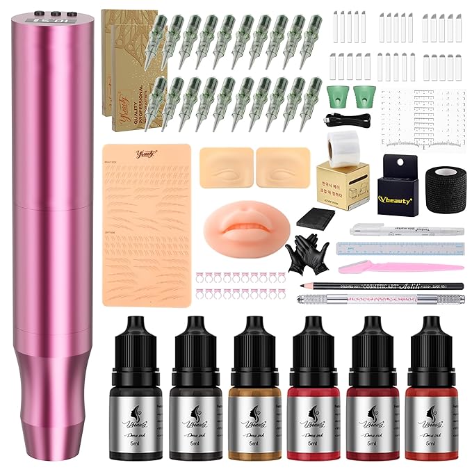 Microblading Tattoo Gun Kit, 1400mAh Cordless Tattoo Pen & Eyebrow Pencil Set for Makeup Supplies, Semi-Permanent Eyebrow Tattoo Machine with 50Pcs Needles for Beginners Artists (Pink)