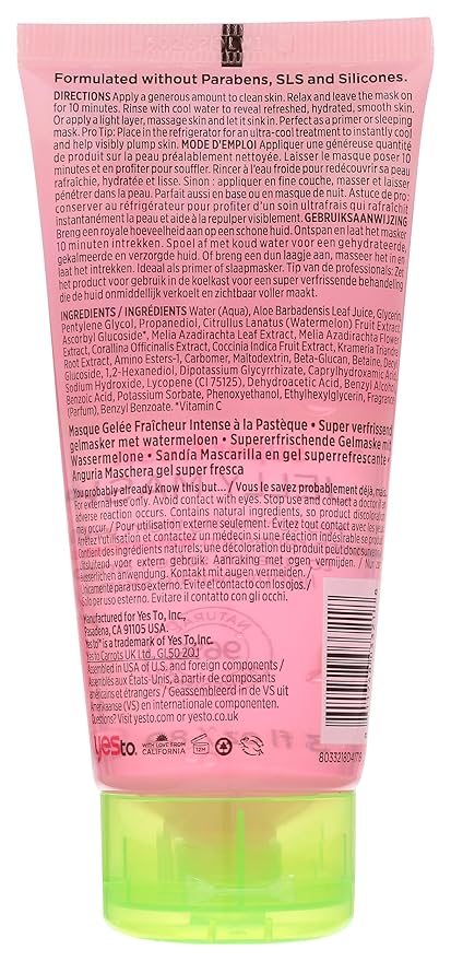 Yes To Watermelon Refreshing Jelly Mask, Quenching Lightweight Gel Mask That Helps Soften & Lightly Hydrate Skin, With Antioxidants, Lycopene & Vitamin C, Natural, Vegan & Cruelty Free, 3 Fl Oz