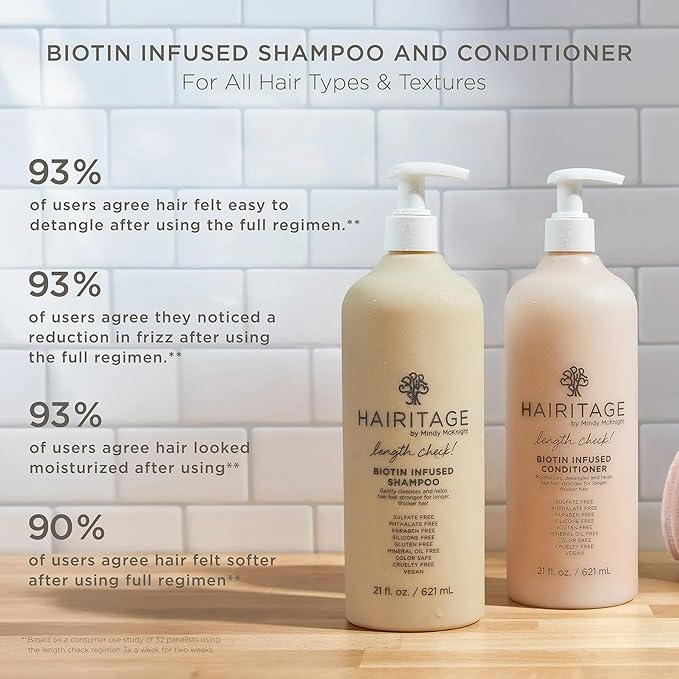 Hairitage Biotin Shampoo and Conditioner Set - Sulfate Free + Paraben Free, Color Safe, with Castor Oil for Anti-Frizz, Volume + Moisture for Women, Hydrating Repair Shampoo Conditioner