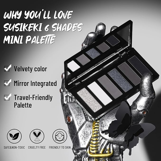 SUSIKEKI Black Eyeshadow Palette with Mirror Silver Gray Black Tones Matte Shimmer Smokey 6 Colors Mini Eye Shadow Pallet Travel Size Highly Pigmented for Vampire Clown Joker Goth Halloween Makeup