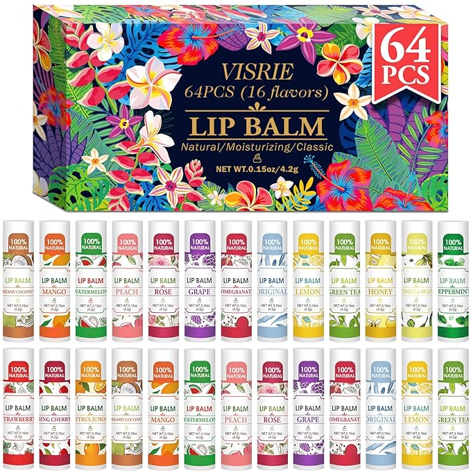 VISRIE 64 Pack Lip Balm, Natural Lip Balm Bulk with Vitamin E and Coconut Oil, Bulk Moisturizing Lip Balms for Dry Lips-16 Flavors
