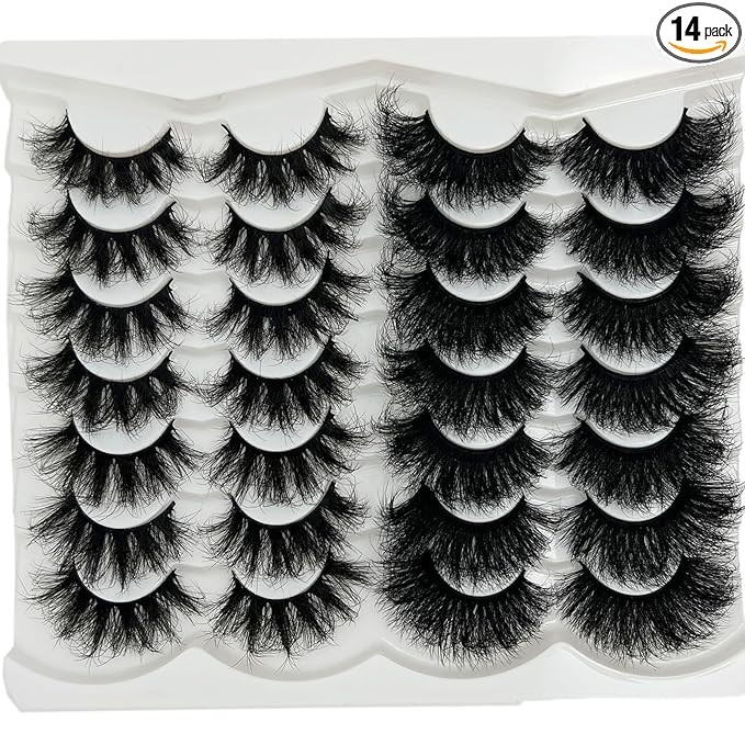 Mink Lashes Fluffy 25mm Long Big Eyelashes Pack, Thick D Curl Dramatic Eyelashes, Cat Eye 3D False Strip Lashes 2 Styles
