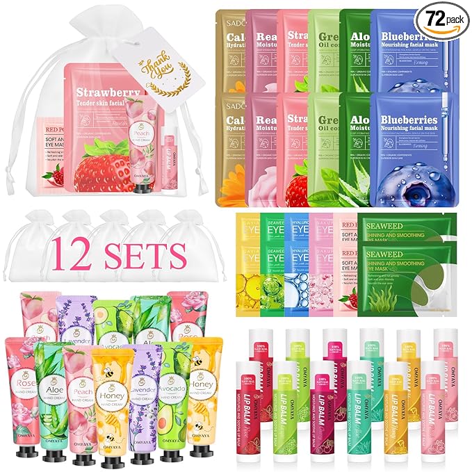 72 Pcs Bulk Gifts For Women, Bulk Facial Mask, Lip Balms, Hand Creams & Under Eye Patches, Spa Party Supplies,Party Favors For Bridal Wedding, Baby Shower,Sleepover Party, Christmas Stocking Stuffers