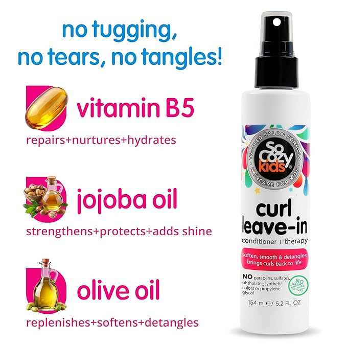 SoCozy Leave In Conditioner Spray (5.2 Fl Oz) Paraben-Free Detangler for Kids' Curly Hair, Deep Conditioner & Tangle-Free Curls, Gentle & Nourishing with Keratin, Vitamin B5, Olive Oil & Jojoba Oil
