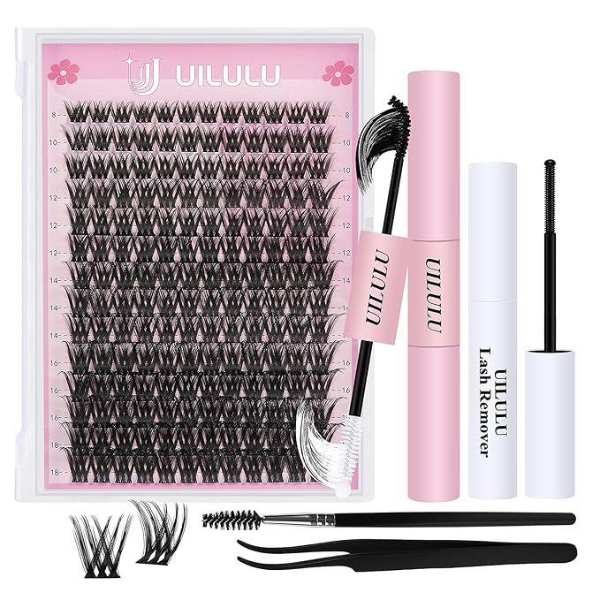 UILULU DIY Lash Extension Kit 168 Count Individual Lash Clusters D Curl Clusters Lashes, Lashes Kit with Lash Bond & Seal, Lash Remover, Lash Tweezers, and Lash Brush D Curl-0.07-8-18MM (U03 Lash Kit)