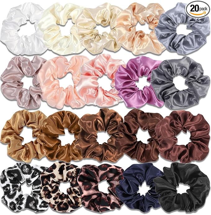 Satin Scrunchies for Women,Silk Hair Ties Fashion Soft Ties and Bands,Elastic Ponytail Holders No Damage Hair Accessories Thick Hair Styling for Girls - 20 Pcs Dark Color