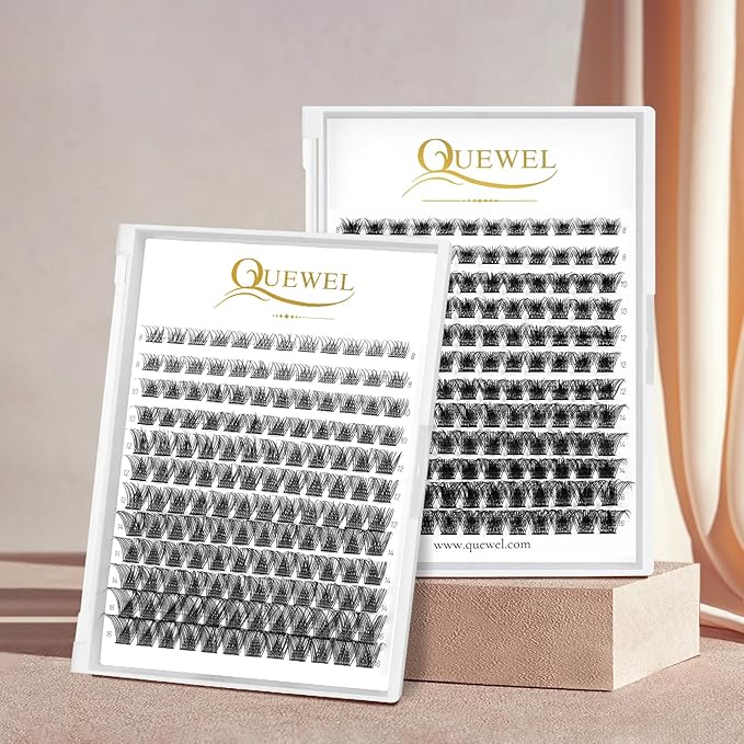 QUEWEL Lash Clusters 144 Pcs Wide Stem Individual Lashes C/D Curl 8-16mm Length DIY Lash Extension Soft False Eyelashes Wispy Cluster Lashes Easy to Create Natural Look At Home(Natural-C-MIX8-16mm)