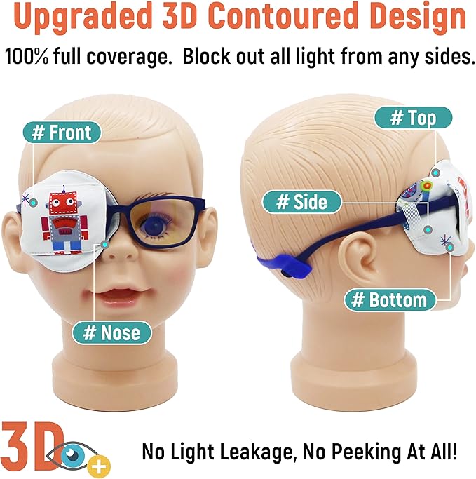 Astropic 3D Cotton & Silk Eye Patch for Kids | Boys Eye Patch for Glasses | Medical Eyepatch for Children with Lazy Eye (Red Robot, Right Eye)