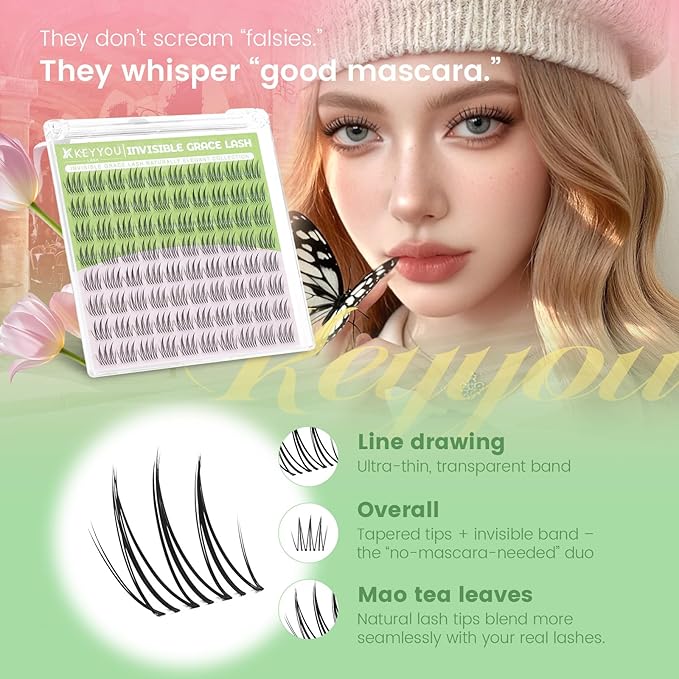 KEYYOU Aurora Lash Clusters Invisible Band C Curl Natural Soft Waterproof Only 10mm Length Lash Extension Easy to Apply at Home Cosmetic Makeup Natural False Eyelashes