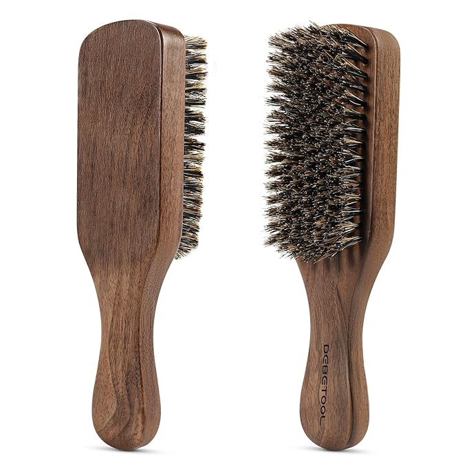 DEBETOOL Natural Walnut Wood Mens Hair Brush - Stiff Boar Bristle Men's Hair Brush for Thin Hair Detangling, Beard Straightens