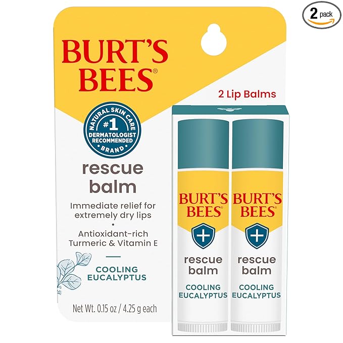 Burt's Bees 100% Natural Origin Rescue Lip Balm With Beeswax and Antioxidant-Rich Turmeric Promotes Healing Of Extremely Dry Lips, Cooling Eucalyptus, 2 Tubes in Blister Box(Pack May Vary)