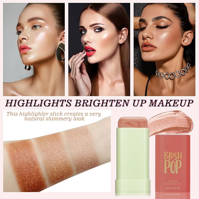 Highlighter Makeup Stick - Blush Highlighters Makeup Stick for Face & Body, Natural Silky Shimmer Highlight, Bendable Long Lasting Cream Korean Highlighter (Soft Pink)