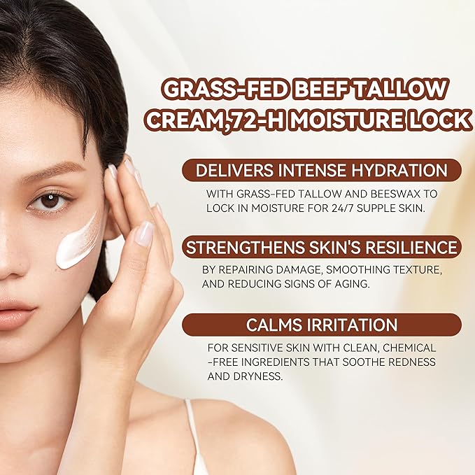 Beef Tallow for Skin - Organic Grass-Fed Whipped Beef Tallow and Honey Balm with Wild Honey & Beeswax, Beef Tallow for Face & Body Moisturizer, Natural Lotion for Sensitive and Dry Skin 4.2 oz