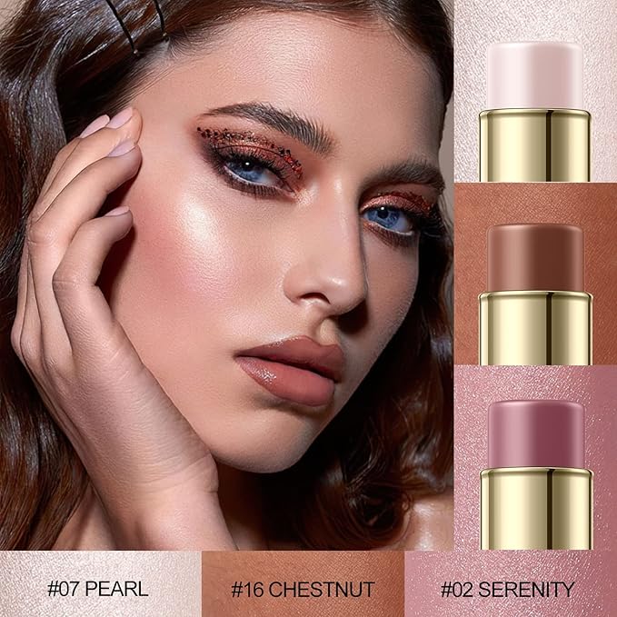 FALOCUTUS 3 Pcs UNIVERSAl Contour Stick Set,Cream Blush & Highlighter Bronzer Pen,Long Lasting & Smooth Natural Face Contouring Illuminator,Professional Makeup Kit for All Skin