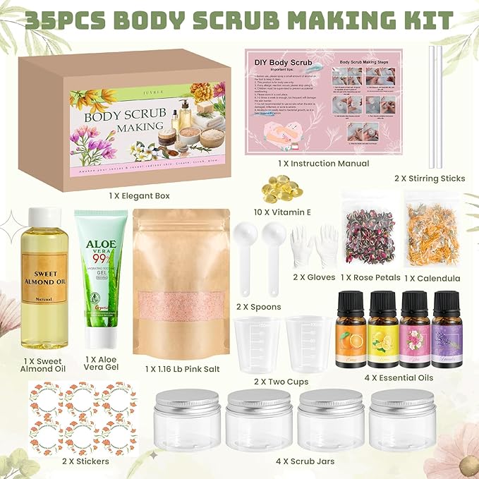 JUYRLE Body Scrub Making Kit- DIY Pink Salt Body Scrub Kit with Almond Oil, Essential Oils, Moisturizing and Exfoliating Dry Skin Hand Foot DIY Organic SPA Kit Gifts For Women & Men
