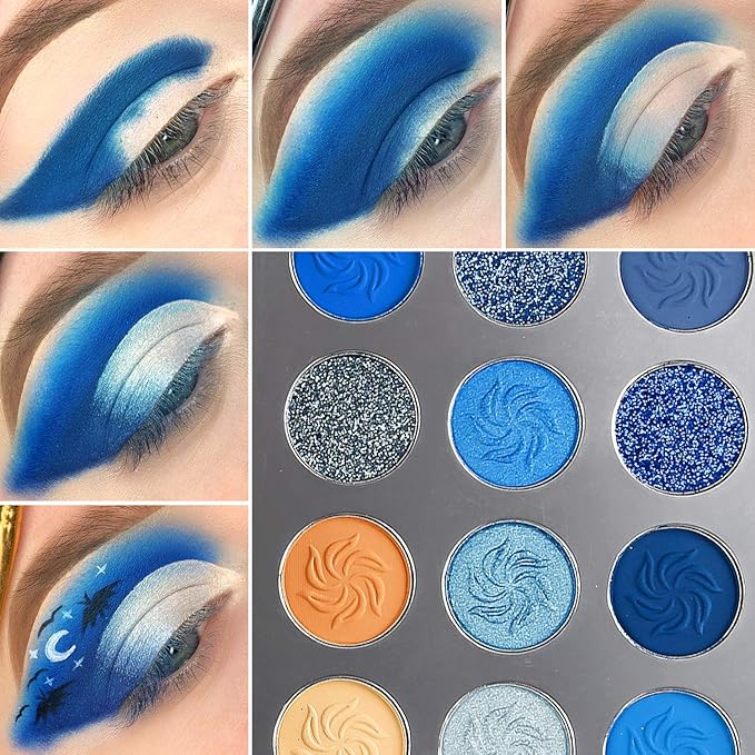 DE'LANCI Space Blue Eyeshadow Palette 15 Color Cosmetics Pressed Pigment Christmas Snowflake Eye Shadow Pallete Matte Shimmer Glitter Drama Makeup Eye Shadow Powder Long Lasting Blue Makeup Pallet