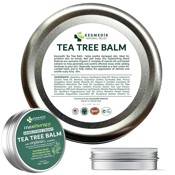 KESMEDIK Tea Tree Oil Balm for Skin, Soothes Itching, Rashes & Dry Skin, Antifungal Defense for Athlete’s Foot, Jock Itch, Chafing, Bug Bites & Eczema, Natural, Effective & Safe for All Ages, 2-Pack