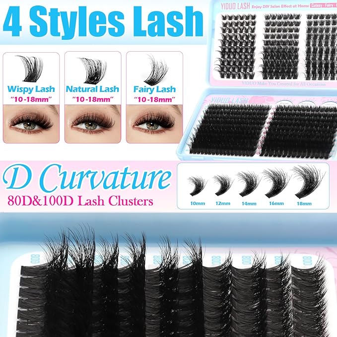 YIDUO 5 Styles Eyelash Clusters Kit 80D 100D Volume Wispy Individuals lash Extensions Kit, Volume Studio Effect, Fake Eyelashes 500Pcs All-in-1 Pack with Glue |Tweezers |Removers |Brush