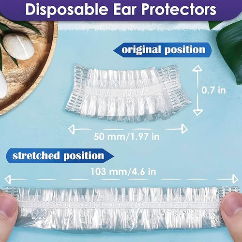 100 Pcs Ear Cover for Shower – Disposable Ear Covers for Hair Dryer – Easy to Stretch, Water-Resistant, Lightweight, Durable Plastic | Comfortable to Wear for Home, Spa, Travel, Hotel and Hair Dye Use