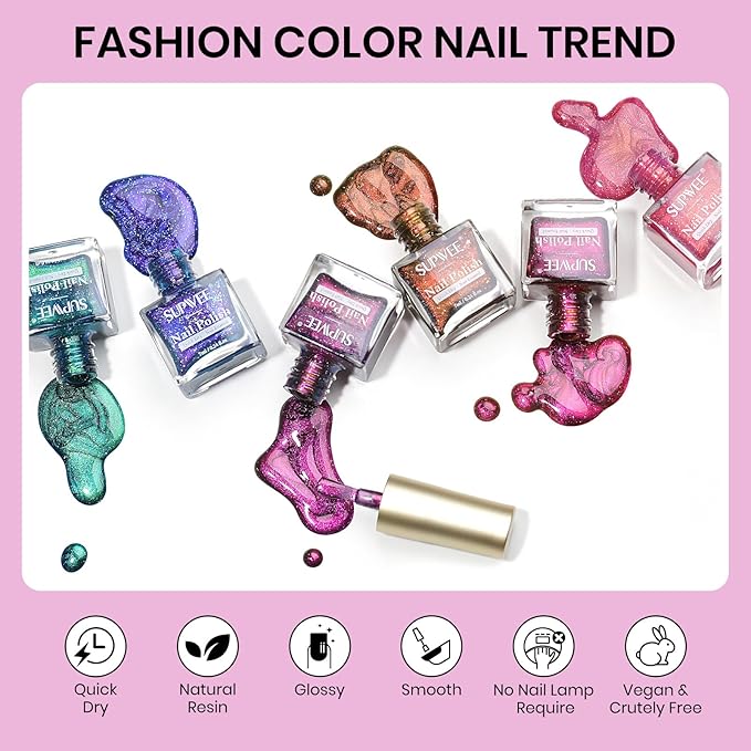 Magnetic Glitter Cat Eye Nail Polish Set, Quick Dry Cateye Nail Polish Non Gel, Multi-Color Holographic Nail Lacquer with Magnet High Glossy DIY Salon for Women Girl