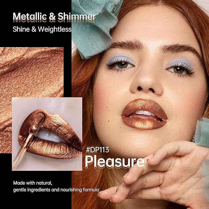 Depuplum Brown Lipsticks for Women Metallic Lipstick Long Lasting Shimmer Lip Gloss Metal Shine Glitter Waterproof Lipsticks Full Coverage Lip Color for Mother's Day,DP113 Pleasure