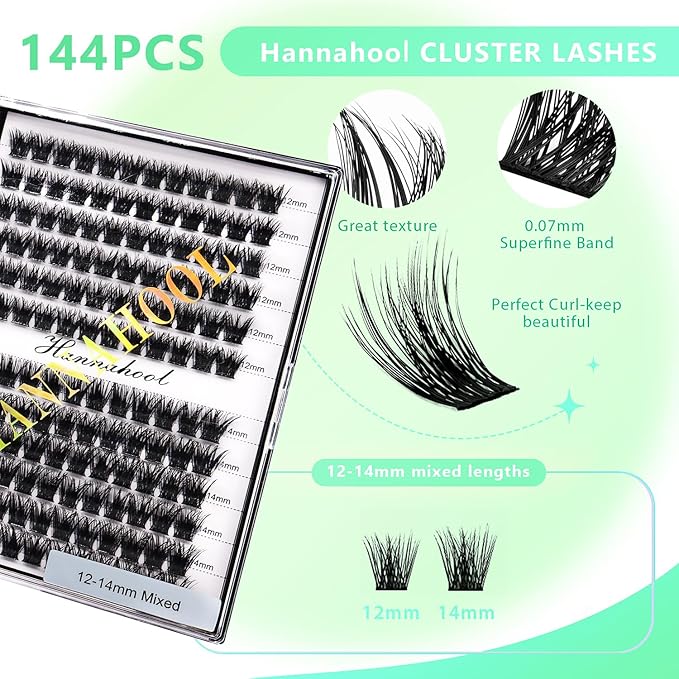 12rows-Large Tray Mixed 8-10-12-14-16mm/Mixed 14-15-16mm/Mixed14mm-16mm/Mixed 18-20mm Wide Stem Individual False Eyelashes Dramatic Black Cluster Eyelashes (mixed 12-14mm)