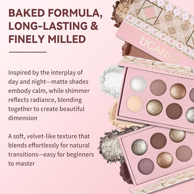 UCANBE Baked Eyeshadow Palette Set, Matte & Shimmer Metallic Eye shadow, High Pigment Makeup Palette, Soft Blendable & Long-Lasting,Velvety Texture (02 Matte & Shimmer)