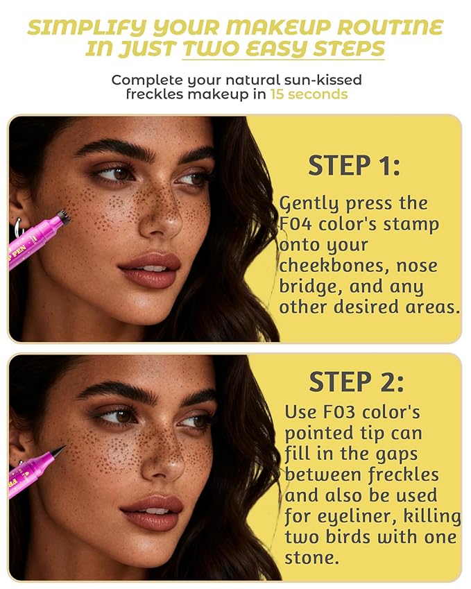 2 Color Faux Freckle Stamp Pen Kit, Upgrade Dual Ended 2-in-1 Waterproof Fake Freckle Pen with Multi-Prong Freckles Stamp Head for Women to Easily Create Natural Long-Lasting Sunkissed Makeup