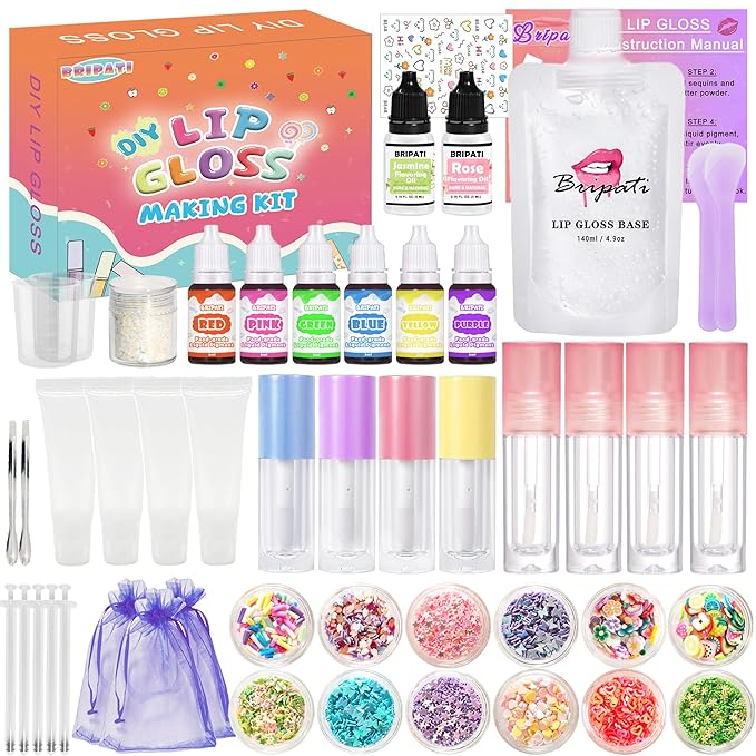 DIY Lip Gloss Making Kit - All-in-One to Make Your Own Lip Care Gloss Set with Clear Base, Pigments, Glitter, Tubes, Fun Creative Gift for Women Girls Makeup Lovers in Christmas Birthdays