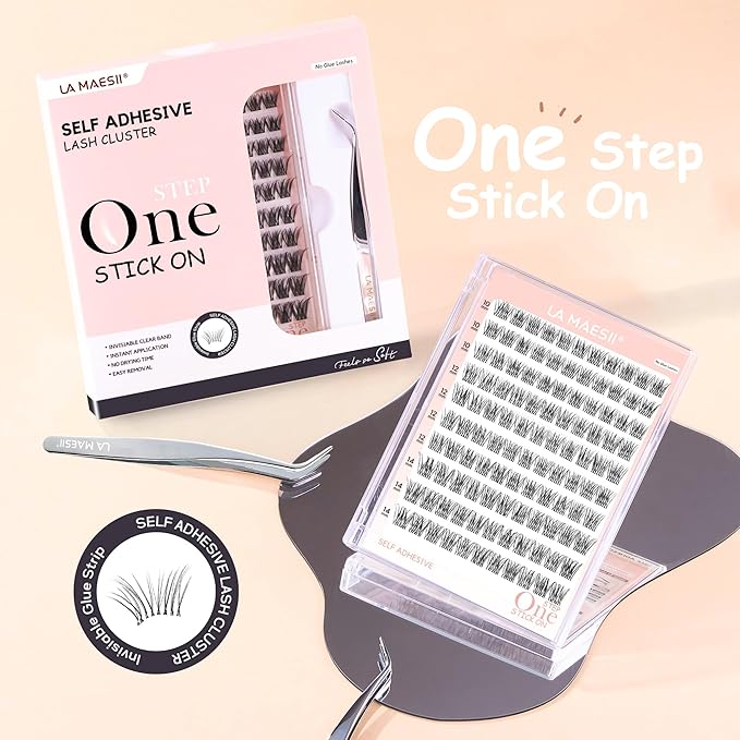 La Maesii Self Adhesive Eyelashes, No Glue Clear Band Eyelashes Natural Individual Press On Lashes,10-14mm Wispy Clear Band Self Adhesive Lash Clusters Kit with Eyelash Tweezers（Kit-133）