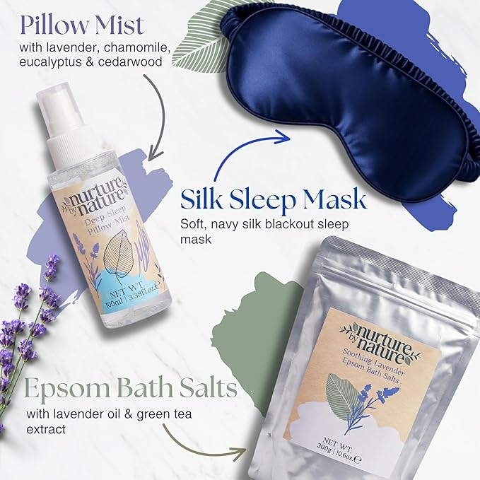 Nurture by Nature New Mom Self Care Gift Set with Body Scrub, Lavender Pillow Spray, Sleep Mask, Body Butter, Shower Gel & Bath Salts - Vegan Friendly - Stocking Stuffer, Baby Shower Gift Basket
